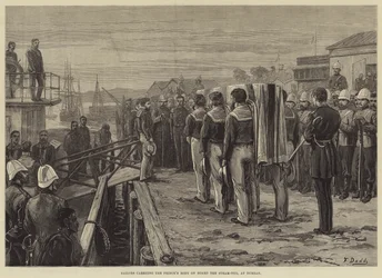 Der verstorbene Prinz Imperial, Matrosen tragen den Leichnam des Prinzen an Bord des Dampfschleppers in Durban